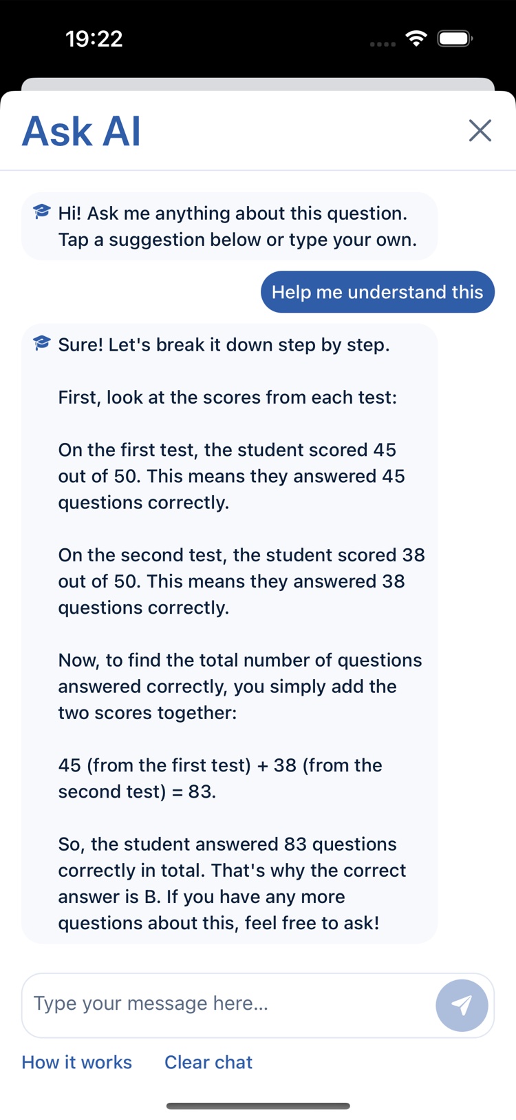 Ask AI tutor chat breaking down a math word problem step by step