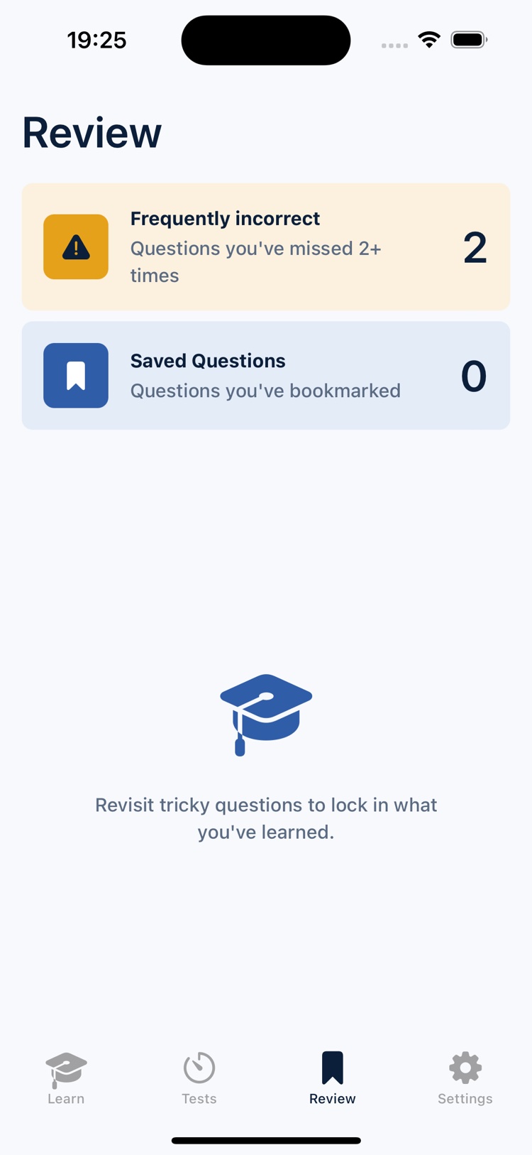Review screen showing frequently incorrect questions and saved bookmarked questions